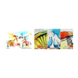 Mostră tapet Premium Sand - Doi pe o bicicletă - Abstracția, Bicicleta, Păsări - 100x30 cm