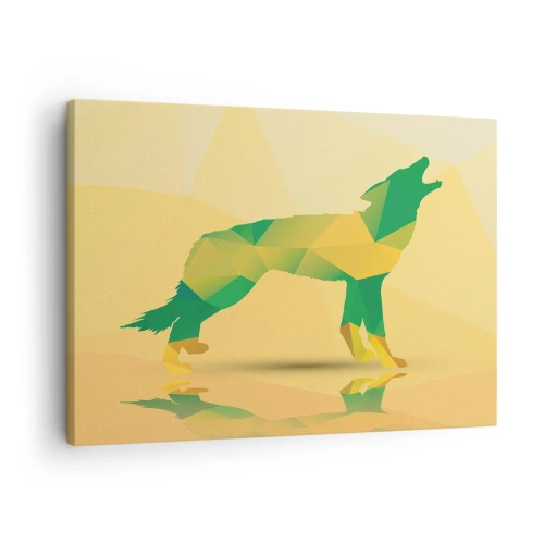 Tablou pe pânză Canvas - Siluetă geometrică de lup în nuanțe de verde și galben - 70x50cm - Lupul singuratic - Decorațiune modernă pentru perete pentru living și dormitor ARTTOR