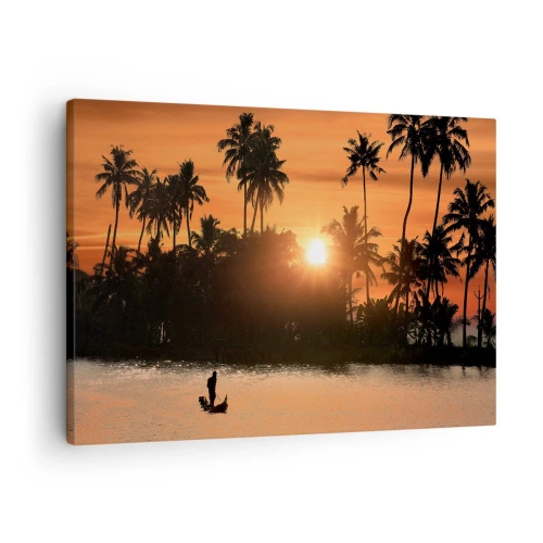 Tablou pe pânză Canvas - Apus de soare peste palmieri și un lac liniștit cu o barcă - 70x50cm - Timp de relaxare - Decorațiune modernă pentru perete pentru living și dormitor ARTTOR