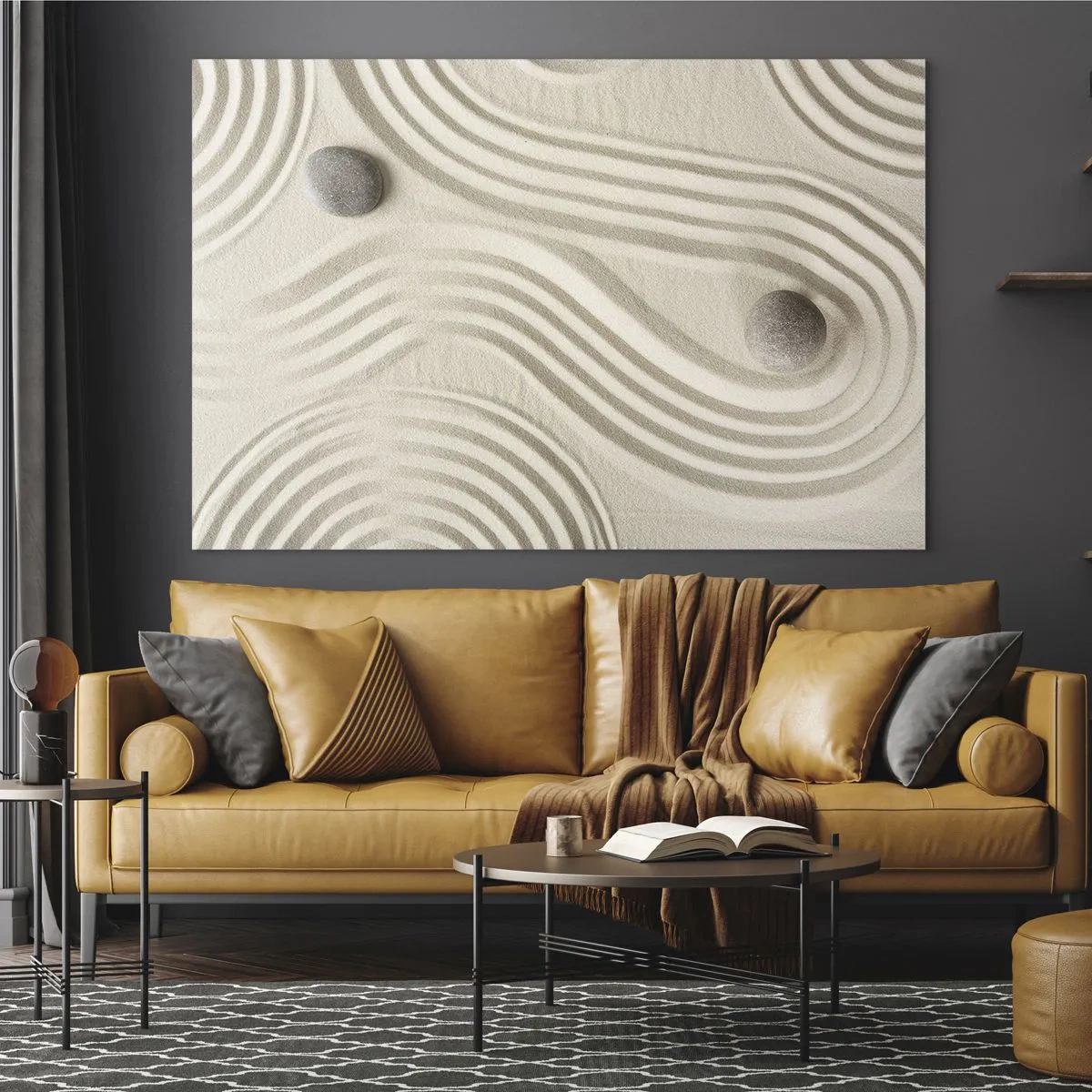 Tablou pe sticlă - Nisip minimalist cu pietre și modele geometrice - 70x50cm - Atingere de căldură - Decorațiune modernă pentru perete pentru living și dormitor ARTTOR