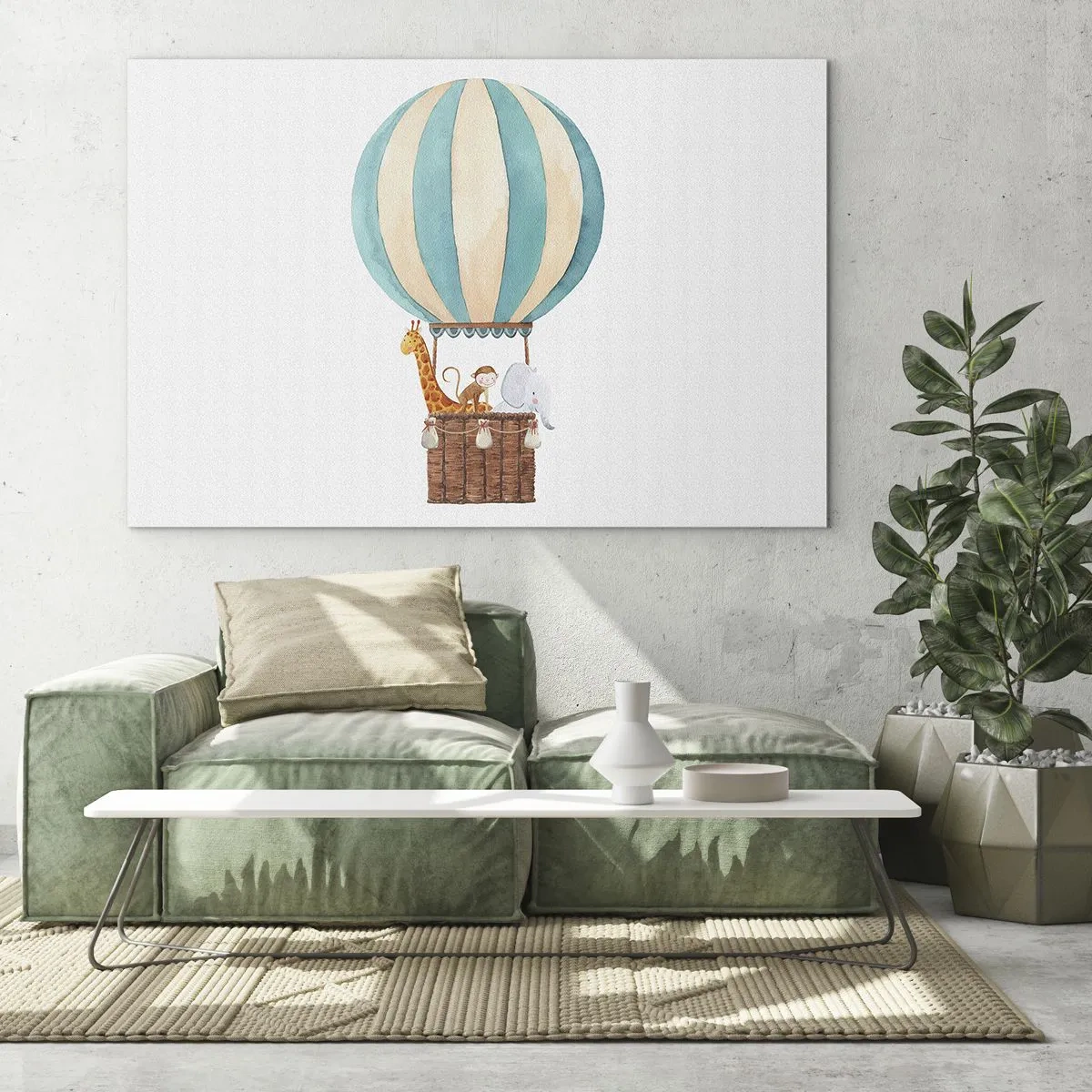 Tablou pe sticlă - Un balon cu o girafă, o maimuță și un elefant pe un fundal alb - 70x50cm - O călătorie fantastică - Decorațiune modernă pentru perete pentru living și dormitor ARTTOR