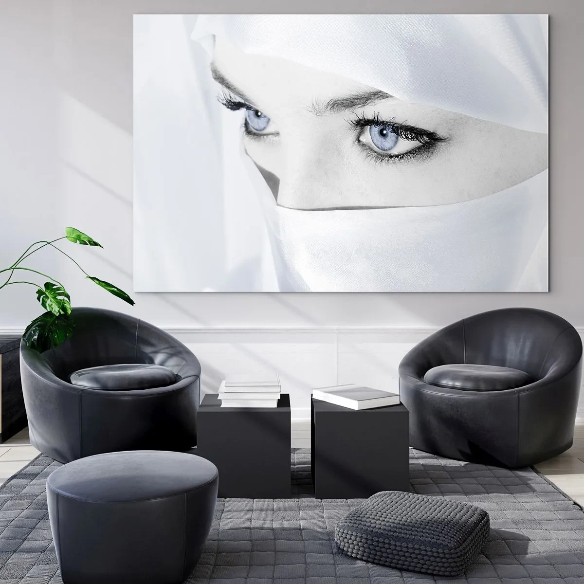 Tablou pe sticlă - Un portret subtil cu ochi albaștri expresivi - 70x50cm - Direct din o mie și una de nopți - Decorațiune modernă pentru perete pentru living și dormitor ARTTOR