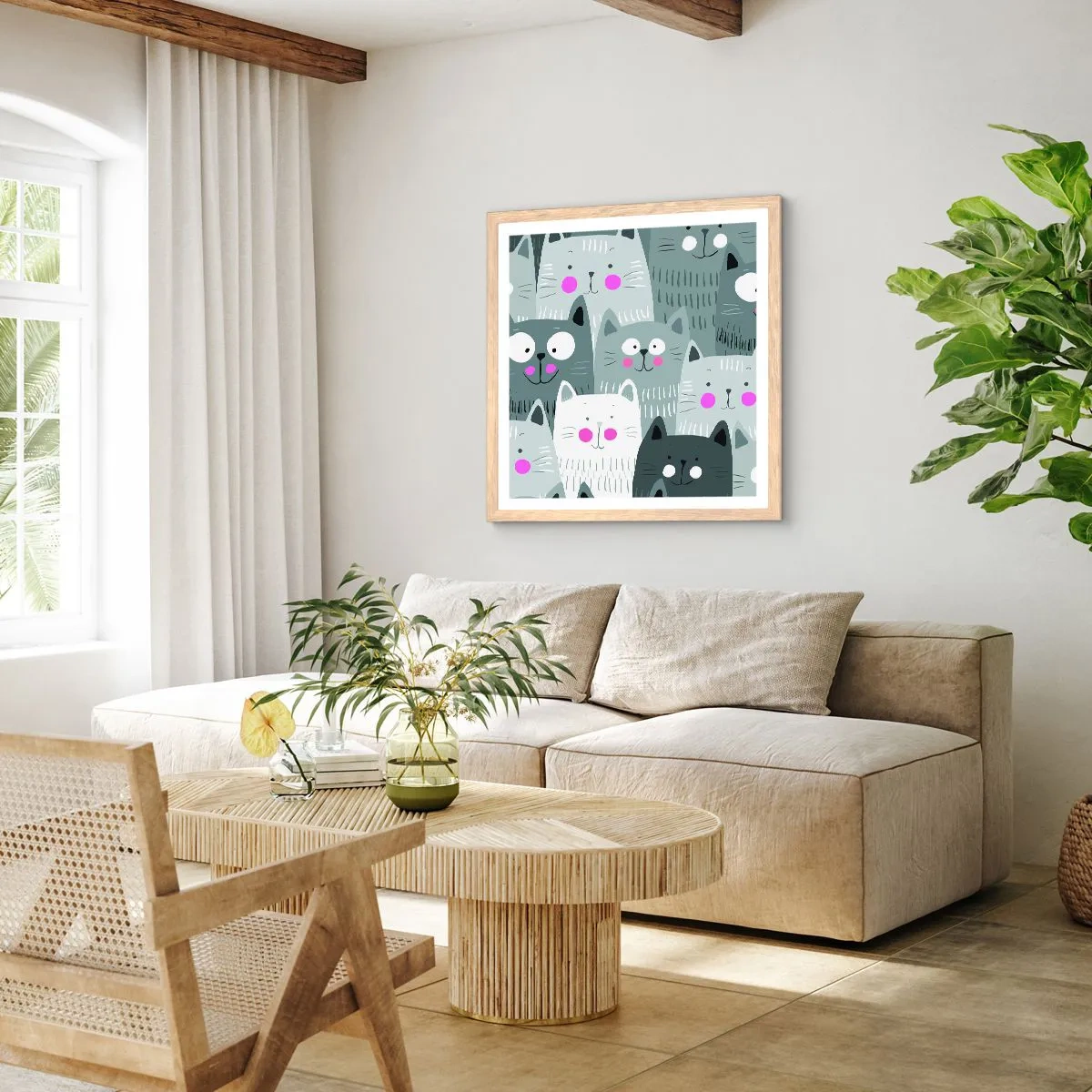 Poster în ramă de stejar deschis - Lumea felină - 50x50 cm