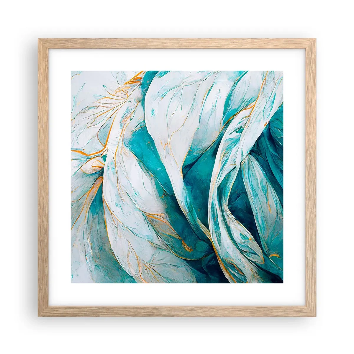 Poster în ramă de stejar deschis - Abstractul albastru cu motiv auriu - 40x40 cm