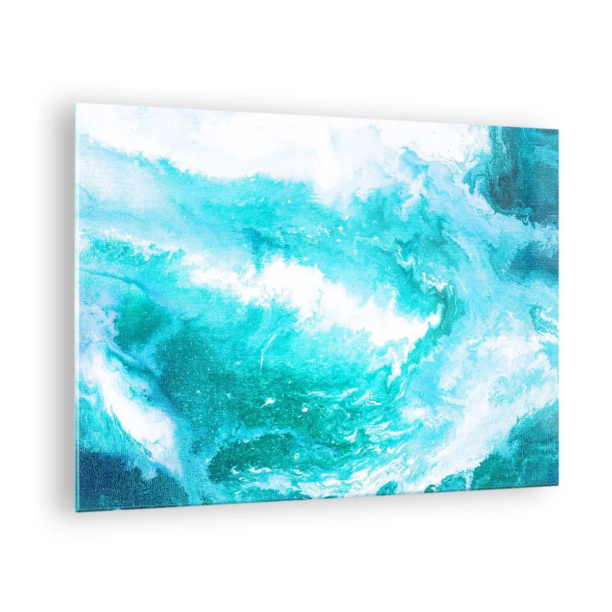 Tablou pe sticlă - O compoziție abstractă care înfățișează valuri și vârtejuri turcoaz. - 70x50cm - În nucleul elementului - Decorațiune modernă pentru perete pentru living și dormitor ARTTOR