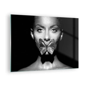 Tablou pe sticlă - Portret de femeie cu un fluture pe buze, alb-negru - 70x50cm - Sărut de fluture - Decorațiune modernă pentru perete pentru living și dormitor ARTTOR