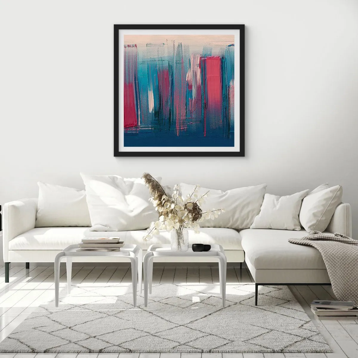 Poster în ramă neagră - Compoziție verticală în albastru și roșu - 30x30 cm