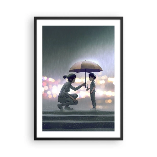 Poster în ramă neagră - Un adult înmânând o umbrelă unui copil pe un fundal ploios - 50x70cm - Și totul este bine acum - Decorațiune modernă pentru perete pentru living și dormitor ARTTOR