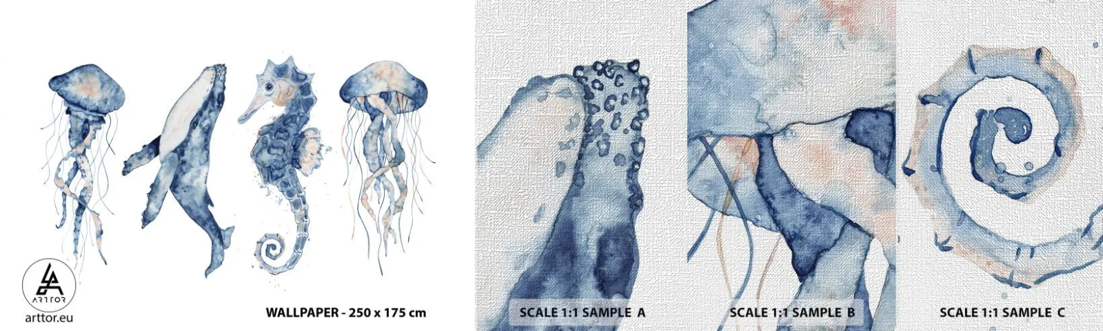 Mostră tapet Premium Canvas - Fauna marină sălbatică - Animale marine, calut de mare, meduze - 100x30 cm