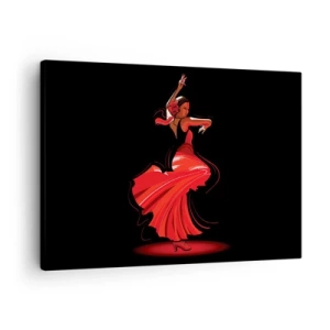 Tablou pe pânză Canvas - Dansatoare de flamenco într-o rochie roșie pe un fundal negru - 70x50cm - Spiritul înflăcărat al flamenco-ului - Decorațiune modernă pentru perete pentru living și dormitor ARTTOR