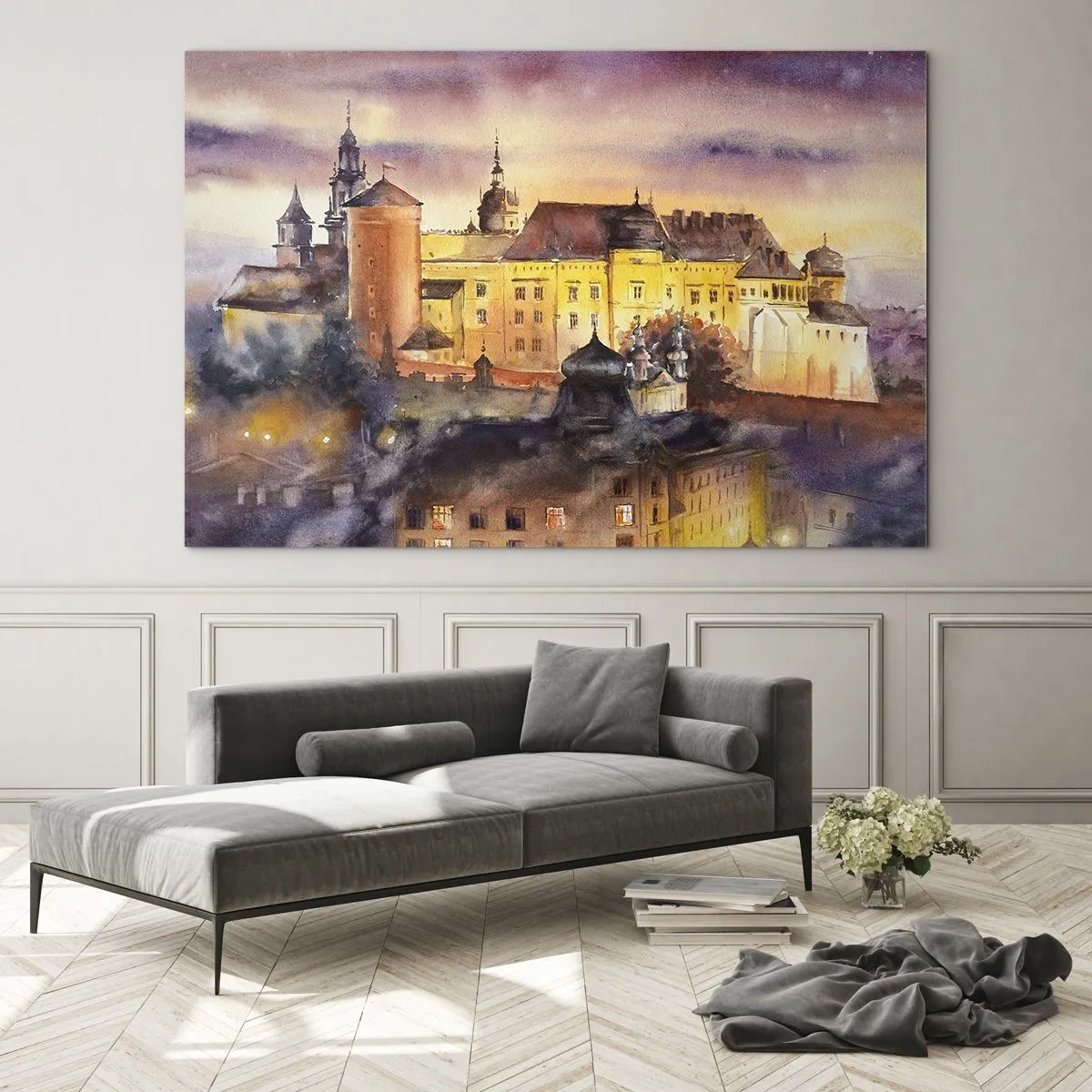 Tablou pe sticlă - Ilustrație în acuarelă a unui castel pe un deal la apus - 70x50cm - Poveste și basm - Decorațiune modernă pentru perete pentru living și dormitor ARTTOR