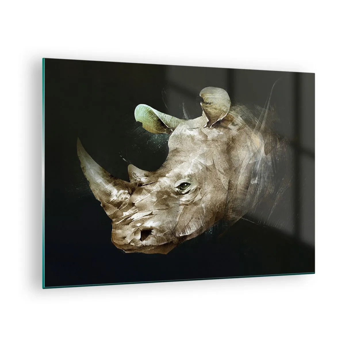Tablou pe sticlă - Reprezentare artistică a unui cap de rinocer pe un fundal întunecat - 70x50cm - Adevărata putere masculină - Decorațiune modernă pentru perete pentru living și dormitor ARTTOR