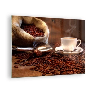 Tablou pe sticlă - O ceașcă de cafea pe un fundal de boabe și o pungă de iută - 70x50cm - Poți să simți parfumul? - Decorațiune modernă pentru perete pentru living și dormitor ARTTOR