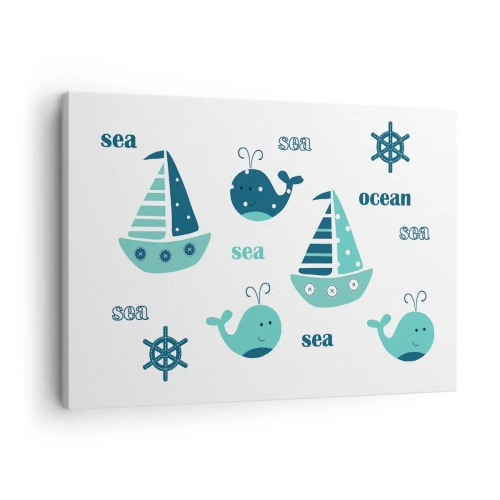 Tablou pe pânză Canvas - Motive nautice fermecătoare cu balene și bărci cu pânze - 70x50cm - Peste mări și oceane - Decorațiune modernă pentru perete pentru living și dormitor ARTTOR