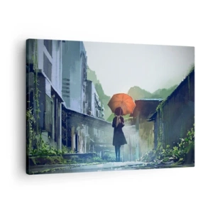 Tablou pe pânză Canvas - O figură cu o umbrelă într-un oraș ploios - 70x50cm - Ploaie revitalizantă - Decorațiune modernă pentru perete pentru living și dormitor ARTTOR