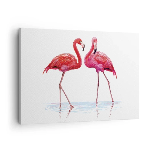 Tablou pe pânză Canvas - O pereche de flamingo în apă pe un fundal luminos - 70x50cm - Pink randez-vous - Decorațiune modernă pentru perete pentru living și dormitor ARTTOR