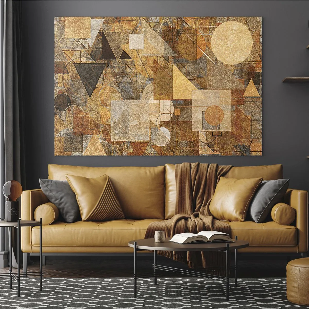 Tablou pe sticlă - Modele geometrice abstracte în culori calde - 70x50cm - Studiu cubist de bronz - Decorațiune modernă pentru perete pentru living și dormitor ARTTOR