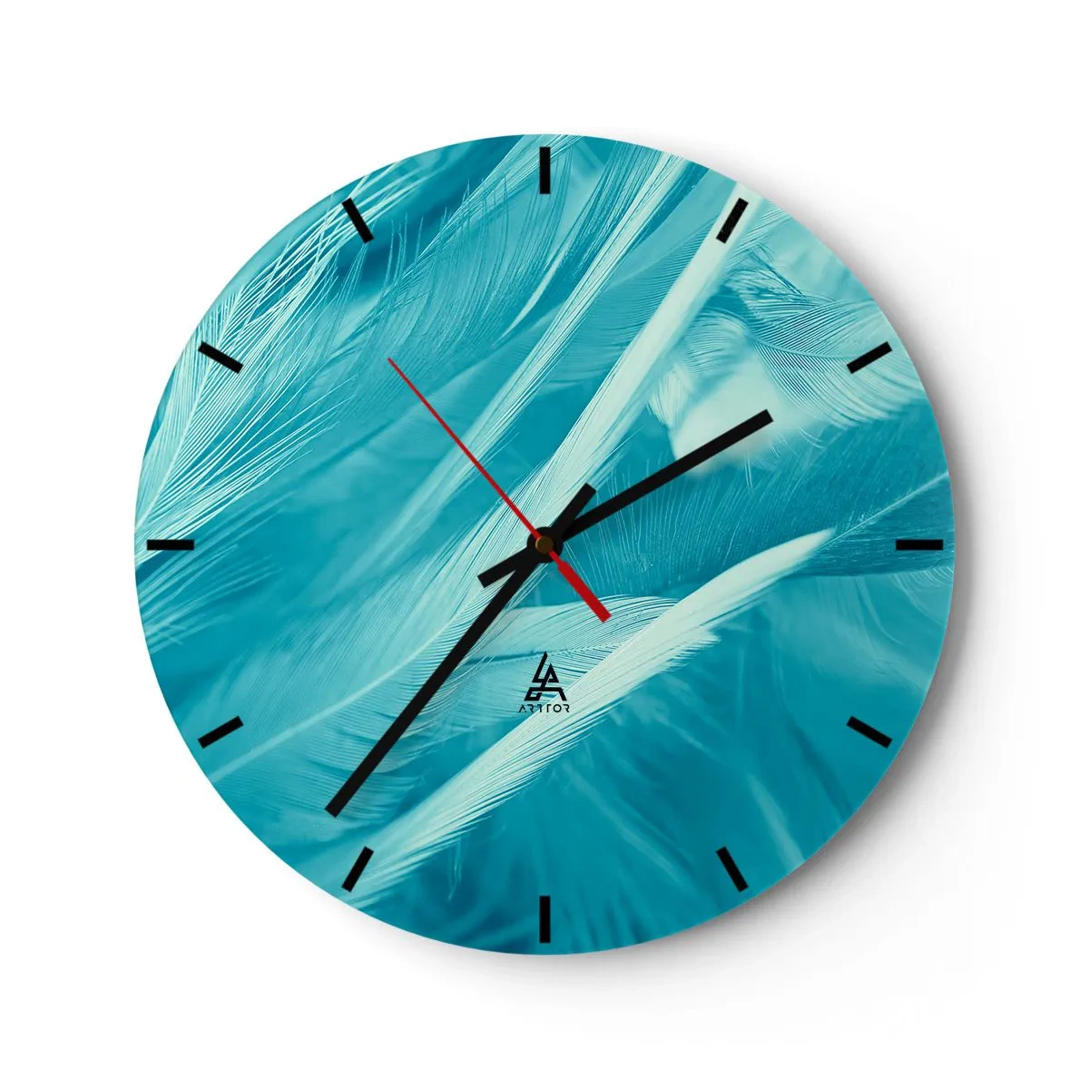 Ceas de perete - Ceas pe sticlă - Pene albastre într-o fotografie delicată - 30x30cm - Înecându-se în puf - Decorațiune modernă pentru perete pentru living, bucătărie și dormitor ARTTOR