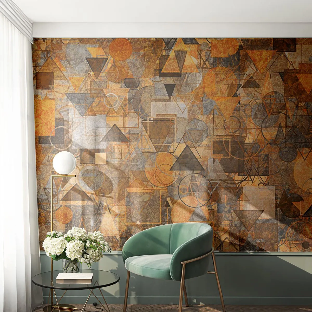 Tapet Standard Eco - Abstracție geometrică aurie maro cu triunghiuri - 100x70cm - Lumea băgată în formă - Decorațiune modernă pentru perete pentru living și dormitor ARTTOR