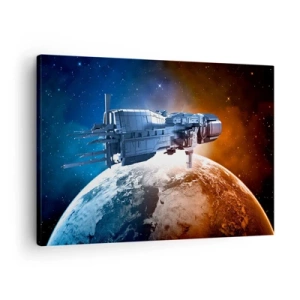 Tablou pe pânză Canvas - O navă spațială pe fundalul unei planete în spațiu - 70x50cm - Observator atent - Decorațiune modernă pentru perete pentru living și dormitor ARTTOR