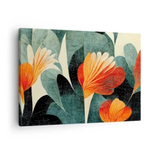 Tablou pe pânză Canvas - Flori în nuanțe intense de portocaliu și verde - 70x50cm - Căldura de la tropice și răcoarea verdeței - Decorațiune modernă pentru perete pentru living și dormitor ARTTOR