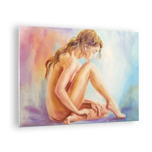 Tablou pe sticlă - O femeie în reflecție subtilă pe un fundal de culori pastelate - 70x50cm - Gest de tinerețe - Decorațiune modernă pentru perete pentru living și dormitor ARTTOR