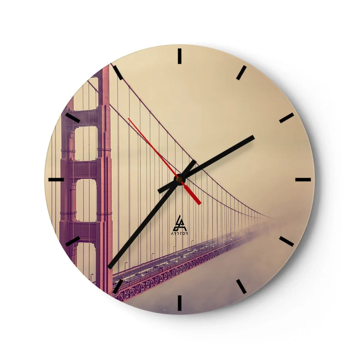 Ceas de perete - Ceas pe sticlă - Podul Golden Gate pe fundalul încețoșat - 30x30cm - Între cer și pământ - Decorațiune modernă pentru perete pentru living, bucătărie și dormitor ARTTOR