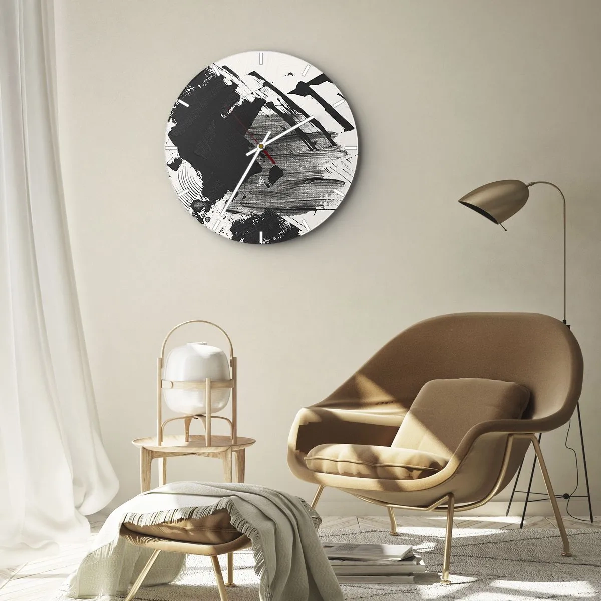 Ceas de perete - Ceas pe sticlă - Abstracție dinamică alb-negru cu linii largi - 30x30cm - Abstracție - expresie de negru - Decorațiune modernă pentru perete pentru living, bucătărie și dormitor ARTTOR