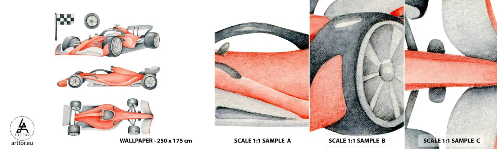 Mostră tapet autocolant Deluxe Sticker - Prindeți visul - Mașini de curse, Mașini, Pentru copii - 100x30 cm