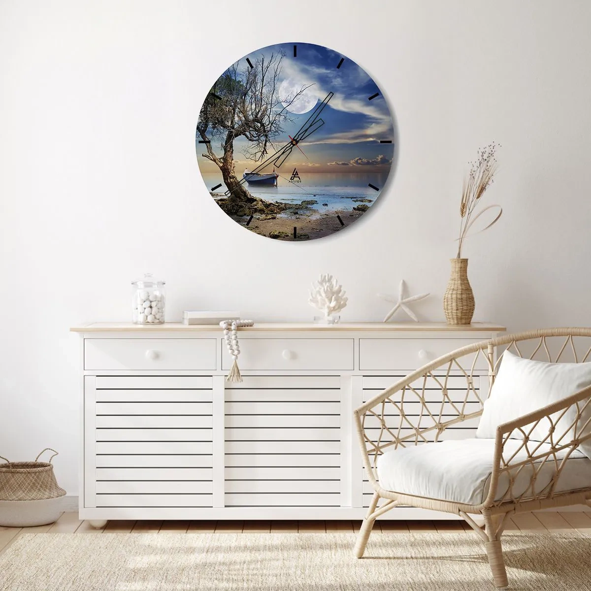 Ceas de perete - Ceas pe sticlă - O barcă pe țărm cu luna în fundal - 30x30cm - Este acesta sfârșitul sau începutul? - Decorațiune modernă pentru perete pentru living, bucătărie și dormitor ARTTOR