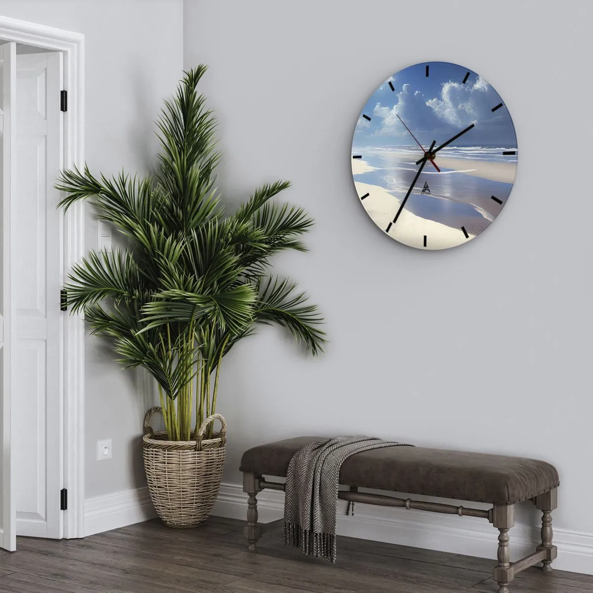 Ceas de perete - Ceas pe sticlă - Plajă goală în lumina soarelui cu cer albastru și valuri - 30x30cm - Vacanță în paradis - Decorațiune modernă pentru perete pentru living, bucătărie și dormitor ARTTOR