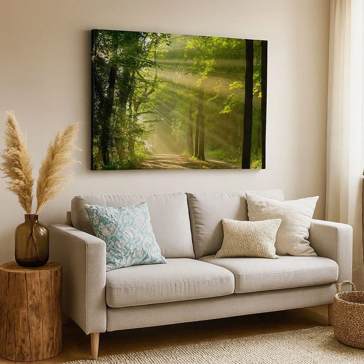 Tablou pe pânză Canvas - Cale de pădure cu raze de soare care strălucesc printre copaci - 70x50cm - Moment de pădure - Decorațiune modernă pentru perete pentru living și dormitor ARTTOR