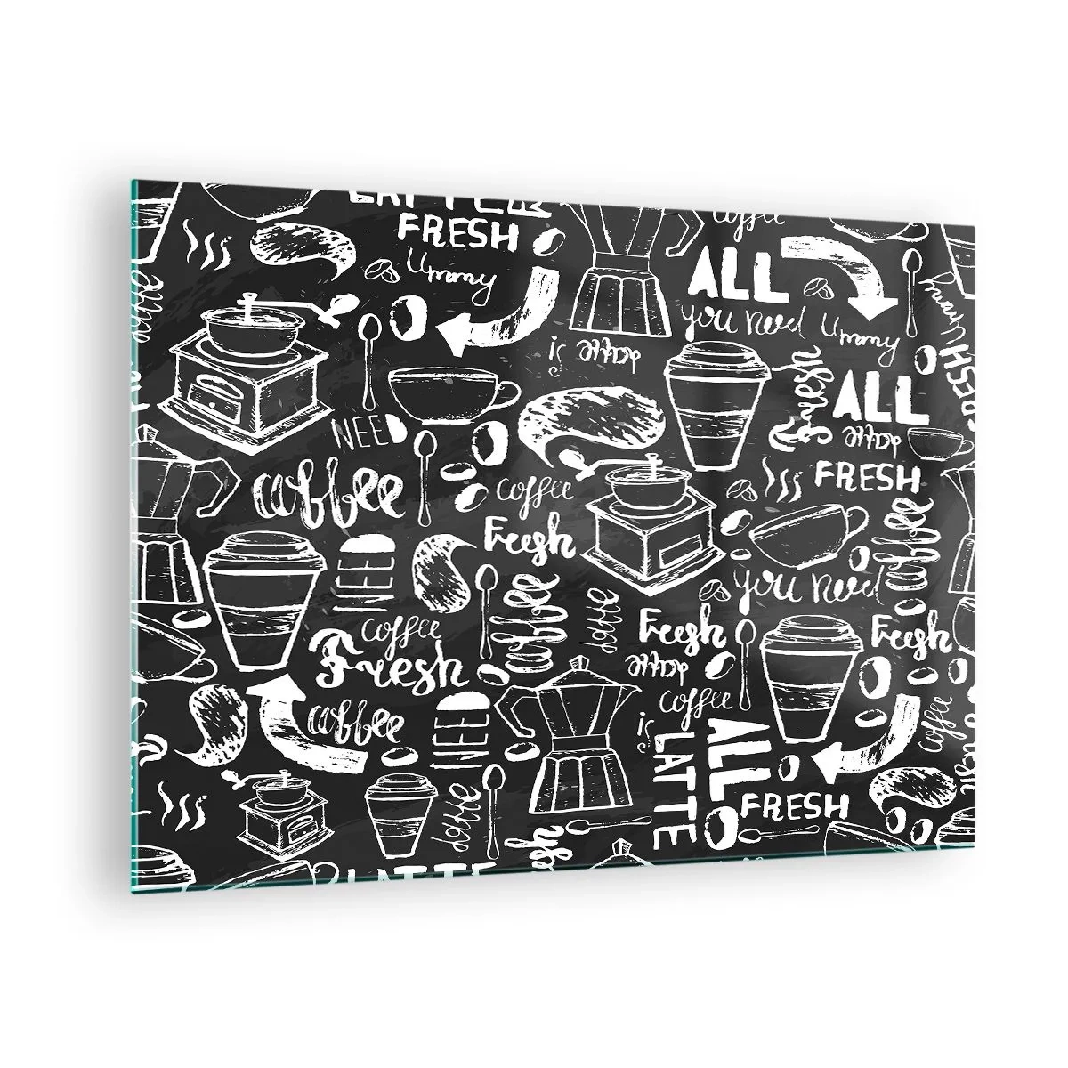 Tablou pe sticlă - Grafică și litere de cafea pe fundal negru în stil retro - 70x50cm - All you need is… - Decorațiune modernă pentru perete pentru living și dormitor ARTTOR