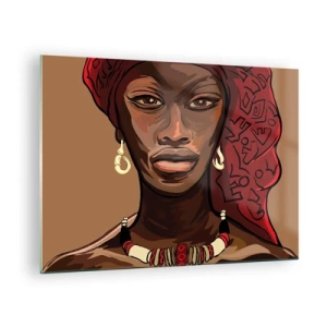 Tablou pe sticlă - Portret stilizat al unei femei într-un turban roșu cu bijuterii. - 70x50cm - Venus din abanos - Decorațiune modernă pentru perete pentru living și dormitor ARTTOR