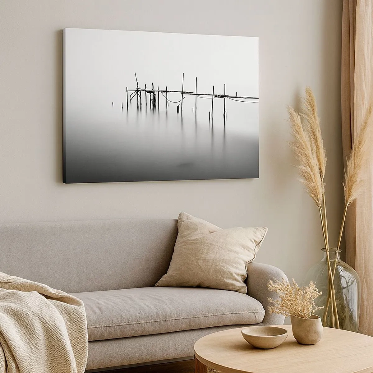 Tablou pe pânză Canvas - Un debarcader alb-negru cufundat într-un peisaj cețos - 70x50cm - Și dacă lumea nu ar exista? - Decorațiune modernă pentru perete pentru living și dormitor ARTTOR