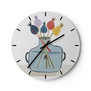 Ceas de perete - Ceas pe sticlă - Operă decorativă cu o vază și flori uscate - 30x30cm - Paparune sau maci? - Decorațiune modernă pentru perete pentru living, bucătărie și dormitor ARTTOR