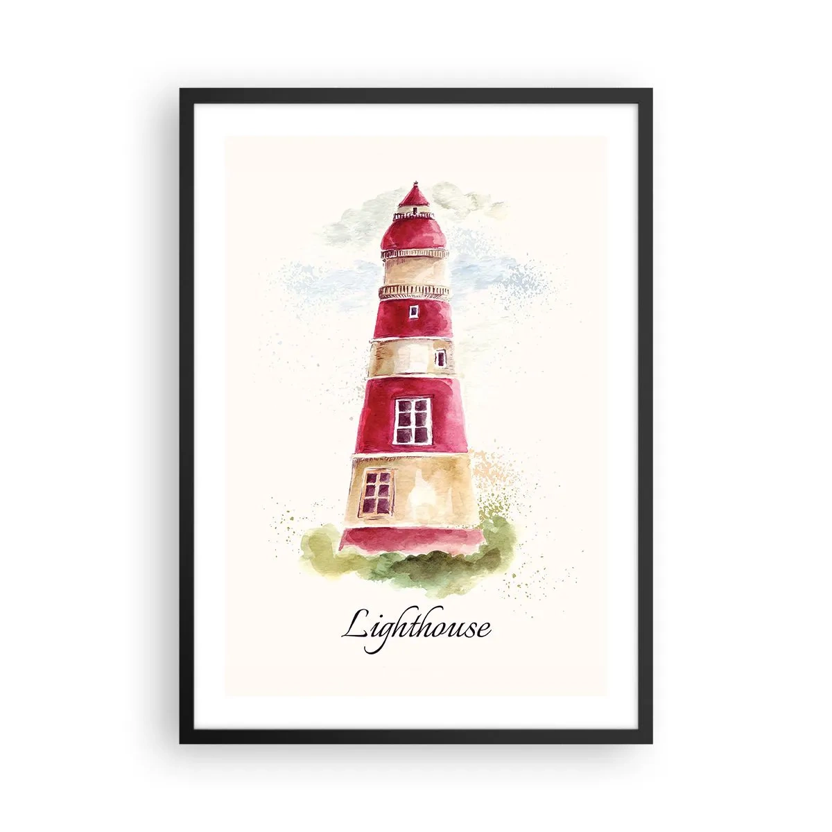 Poster în ramă neagră - Ilustrație în acuarelă a unui far pe un fundal deschis - 50x70cm - Întotdeauna vreme bună - Decorațiune modernă pentru perete pentru living și dormitor ARTTOR