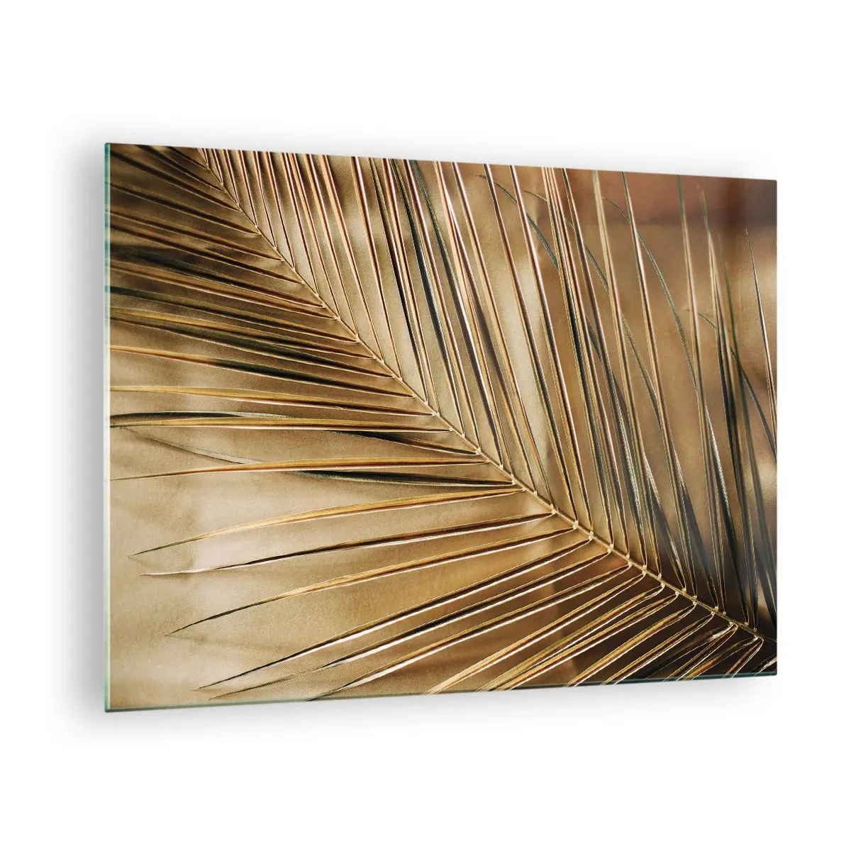 Tablou pe sticlă - Prim-plan al unei frunze de palmier în tonuri de maro auriu - 70x50cm - Colonadă naturală - Decorațiune modernă pentru perete pentru living și dormitor ARTTOR