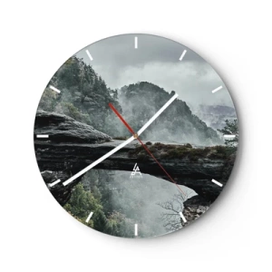 Ceas de perete - Ceas pe sticlă - Peisaj montan învăluit în ceață, cu un pod natural de stâncă - 30x30cm - Aventura este pe cale să înceapă - Decorațiune modernă pentru perete pentru living, bucătărie și dormitor ARTTOR