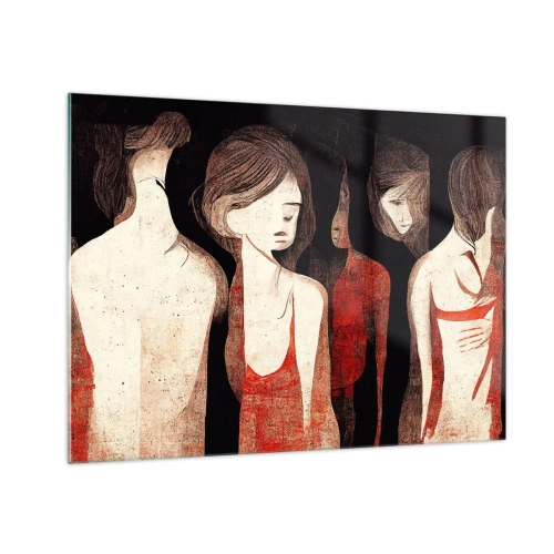 Tablou pe sticlă - Siluete feminine abstracte în roșu pe fundal negru - 70x50cm - Madonele întunericului - Decorațiune modernă pentru perete pentru living și dormitor ARTTOR