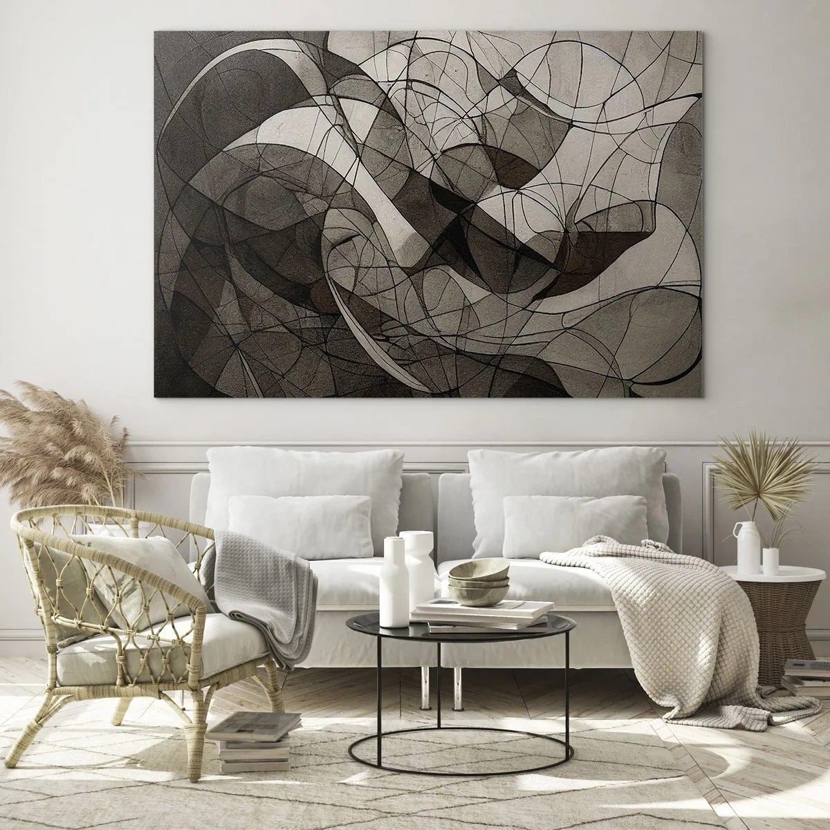 Tablou pe sticlă - O compoziție abstractă de linii organice în tonuri pământii. - 70x50cm - Circulația culorilor pământului - Decorațiune modernă pentru perete pentru living și dormitor ARTTOR