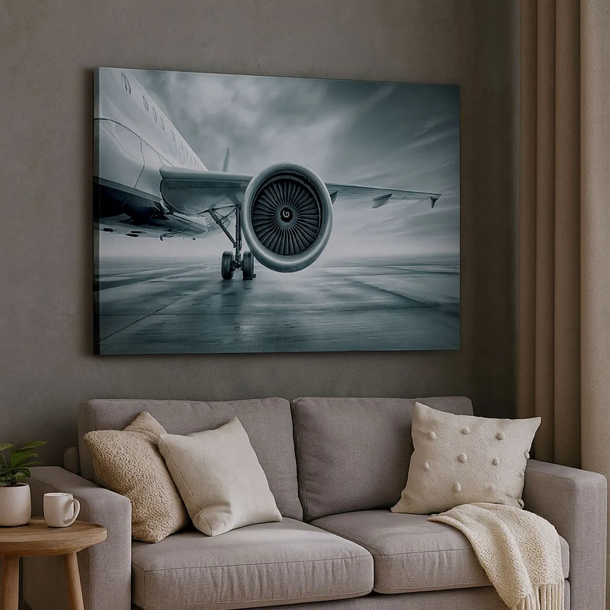 Tablou pe pânză Canvas - Motorul cu reacție al unui avion pe pistă - 70x50cm - Ce putere! - Decorațiune modernă pentru perete pentru living și dormitor ARTTOR