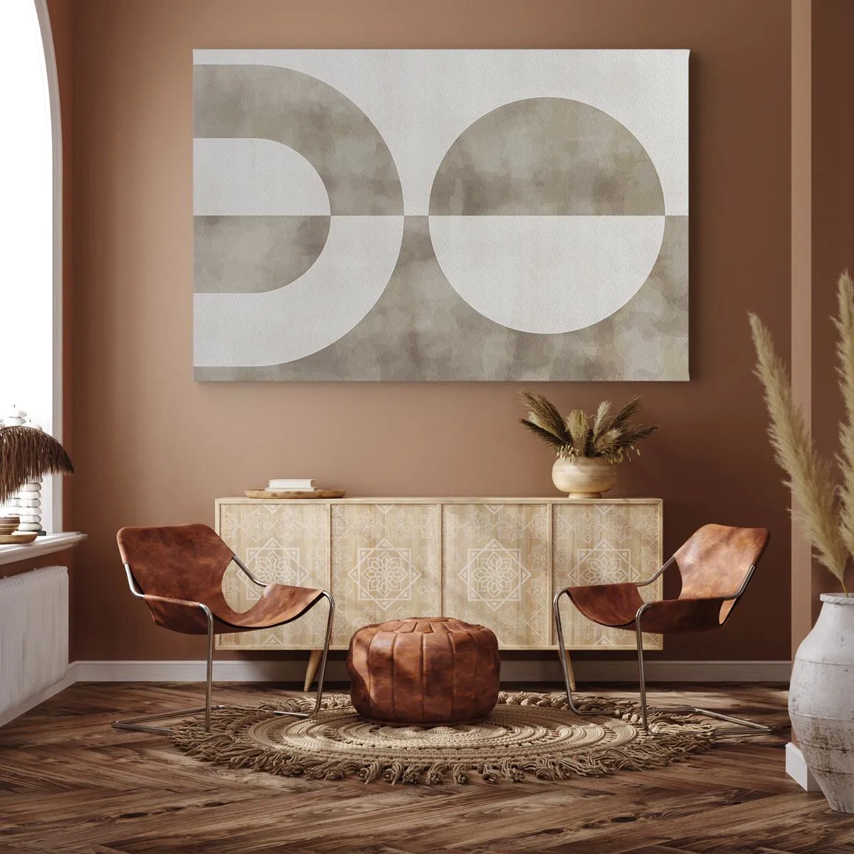 Tablou pe pânză Canvas - O pictură abstractă în nuanțe de bej cu forme geometrice și simetrie. - 70x50cm - Similitudini și diferențe - Decorațiune modernă pentru perete pentru living și dormitor ARTTOR