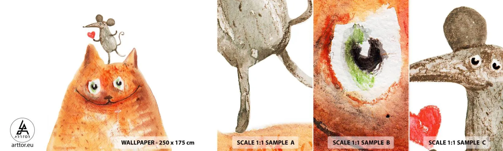 Mostră de Tapet Standard Eco - Paradoxurile iubirii - Pentru copii, Mouse, Pisică - 100x30 cm