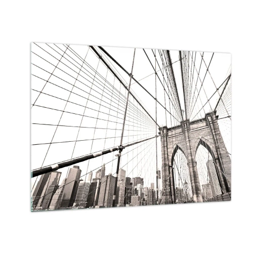 Tablou pe sticlă - Un pod suspendat cu o panoramă a orașului în fundal, în sepia - 70x50cm - Catedrala din New York - Decorațiune modernă pentru perete pentru living și dormitor ARTTOR