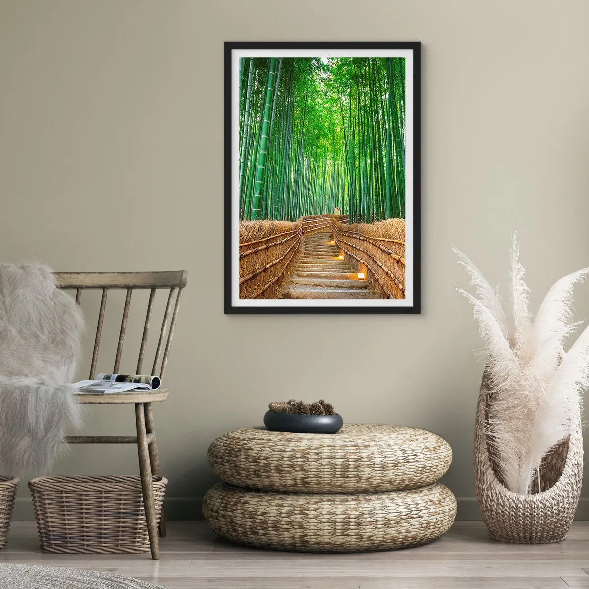 Poster în ramă neagră - Cale prin pădurea de bambus cu iluminare - 50x70cm - Esența naturii asiatice - Decorațiune modernă pentru perete pentru living și dormitor ARTTOR