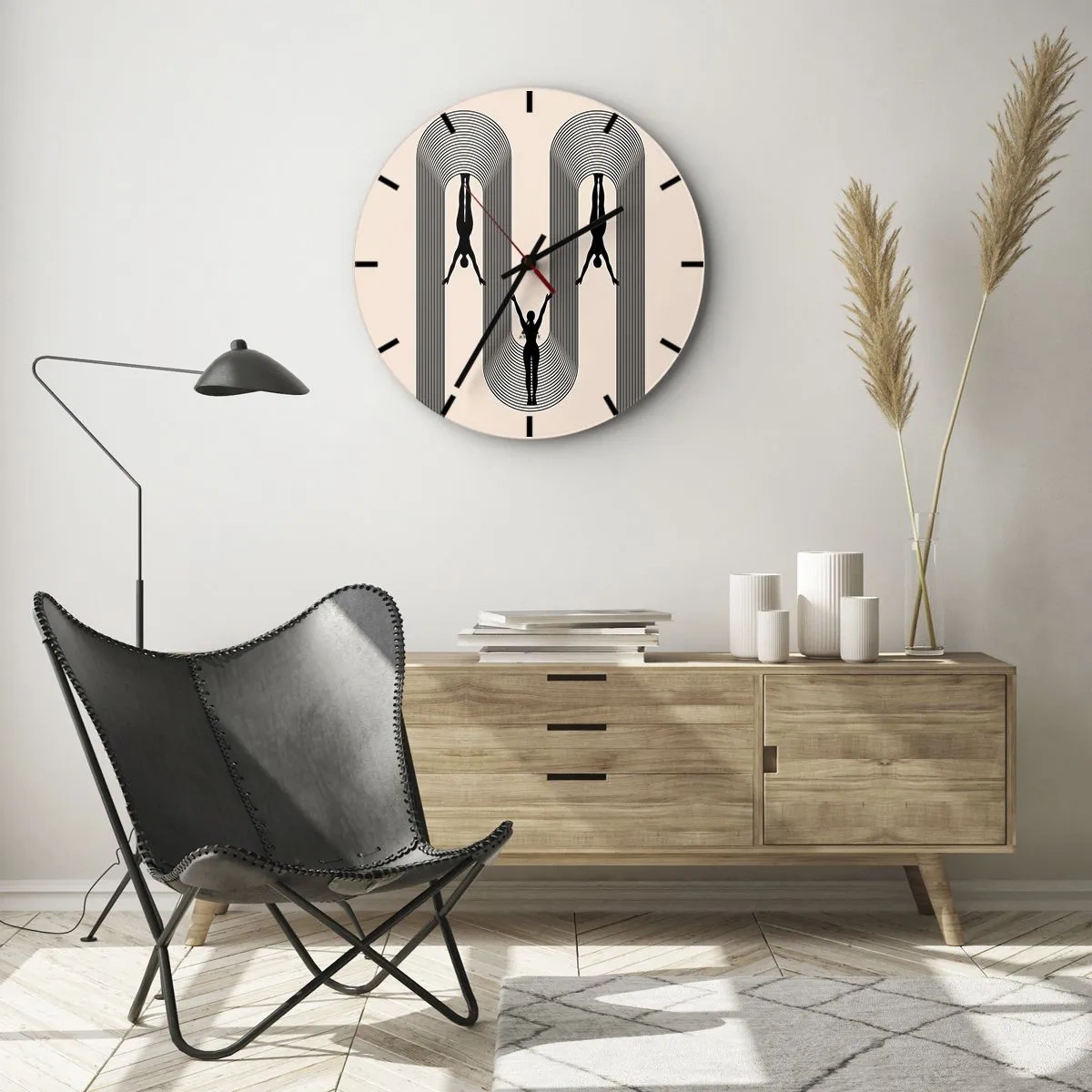 Ceas de perete - Ceas pe sticlă - Siluete negre ale unor figuri în mișcare printre arcuri geometrice - 30x30cm - Cu susul în jos - Decorațiune modernă pentru perete pentru living, bucătărie și dormitor ARTTOR
