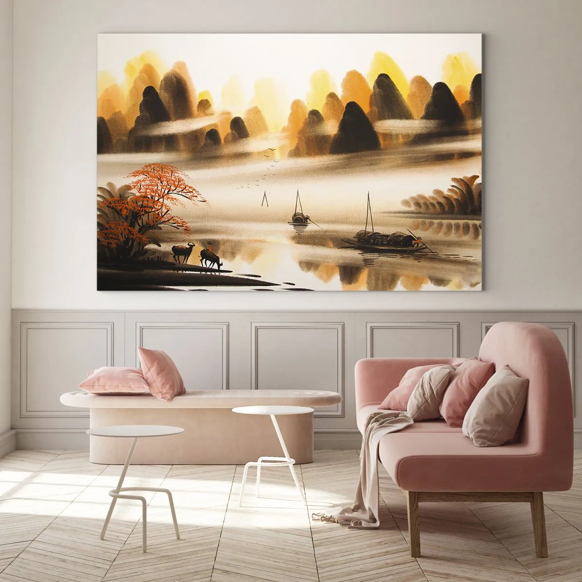 Tablou pe sticlă - Peisaj oriental cu bărci și munți în ceață - 70x50cm - Mai departe decât Orientul Îndepărtat - Decorațiune modernă pentru perete pentru living și dormitor ARTTOR