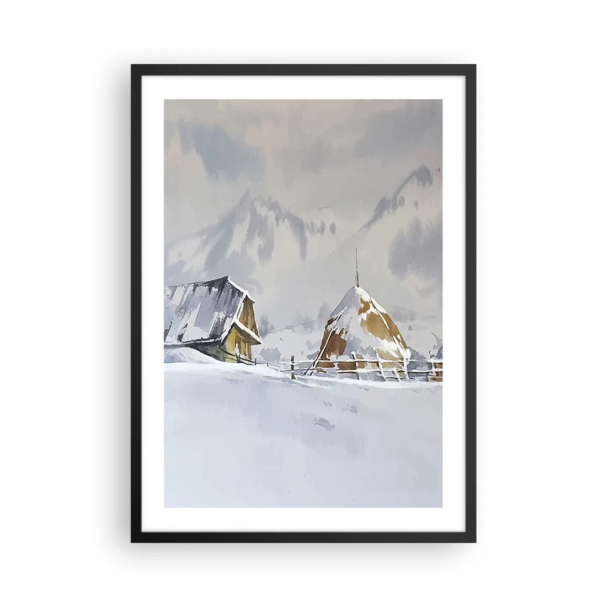 Poster în ramă neagră - Peisaj de iarnă cu o căsuță și un car cu fân în munți - 50x70cm - Într-o vale înzăpezită - Decorațiune modernă pentru perete pentru living și dormitor ARTTOR