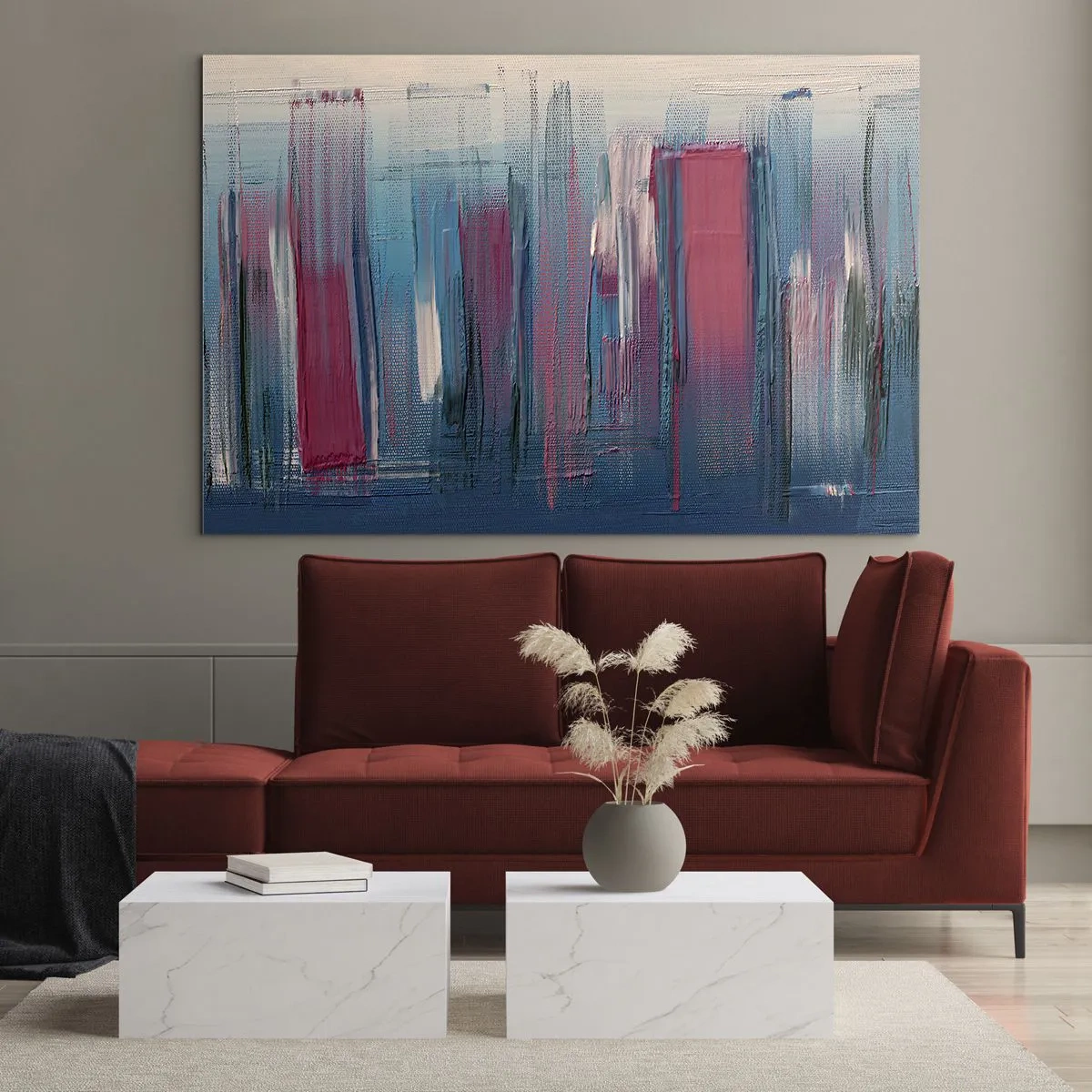 Tablou pe sticlă - Pensule verticale în roșu și albastru pe un fundal bej - 70x50cm - Compoziție verticală în albastru și roșu - Decorațiune modernă pentru perete pentru living și dormitor ARTTOR